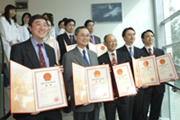 Front row from left: Prof. Joseph Sung, Prof. T.F. Fok, Prof. Sydney Chung, Prof. Francis Chan, Prof. Enders Ng, and Prof. Philip Chiu (second row middle), Prof Y.T. Lee (second row right) and members of the research team